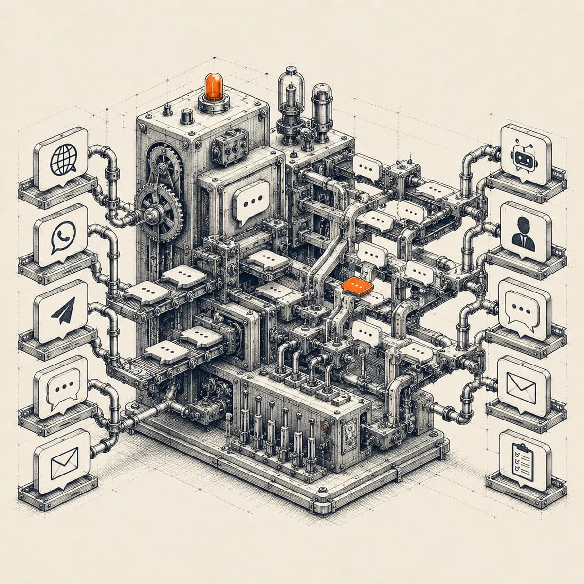 Ink illustration of a message relay machine dispatching chat bubbles — WhatsApp automation