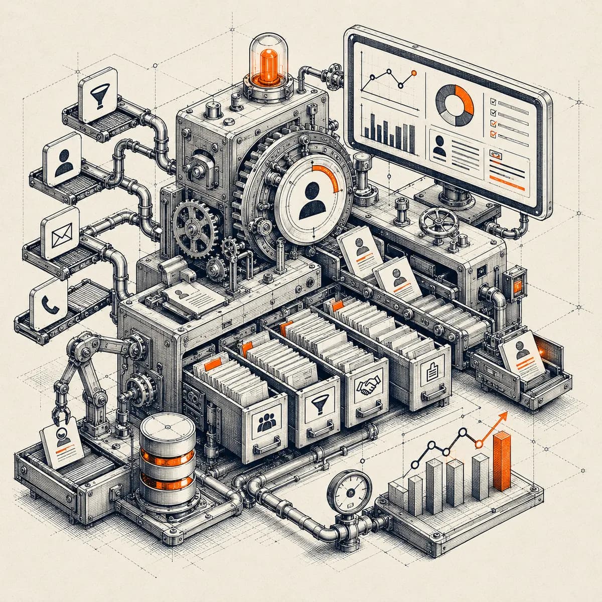 Ink illustration of a CRM record engine with indexed pipeline drawers — Zoho CRM consulting